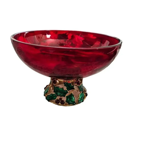 Teleflora Christmas Centerpiece Bowl Vase Red Glass Enameled Holly Berry Holiday - Picture 2 of 8